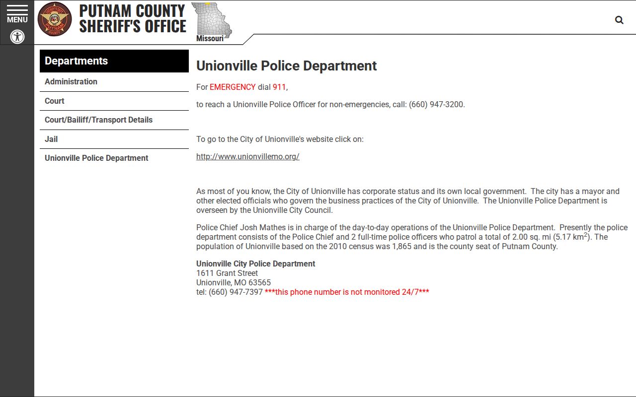 Putnam County arrest history and official Unionville Police Department records